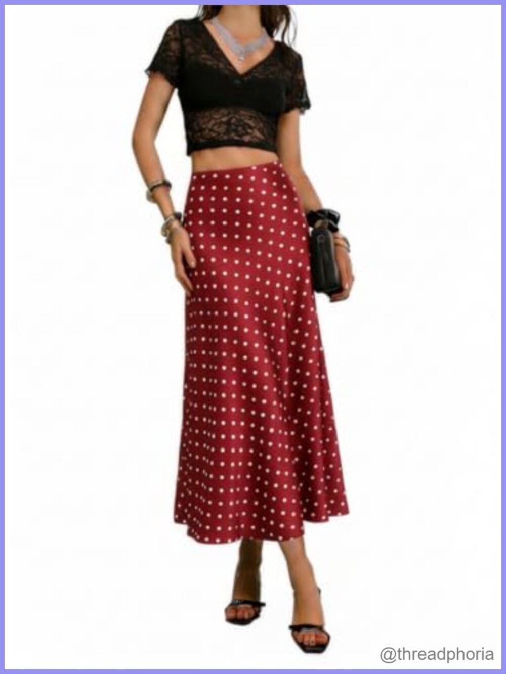 High Waisted Midi A Line Long Skirt Silky Polka Dots Flowing Elegant Dressy